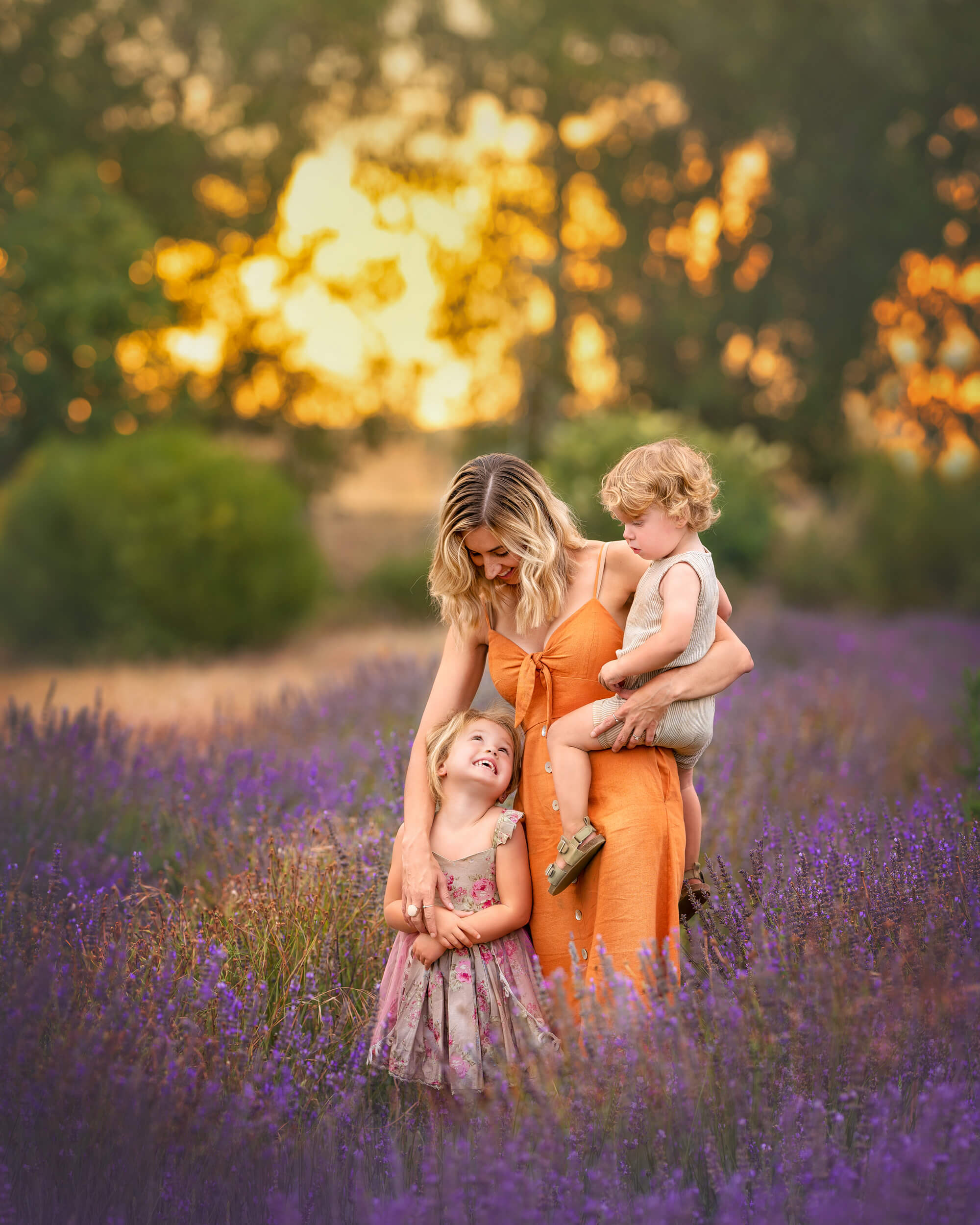 Perth mum with 2 kids under 5 year old during sunset photo shoot at a Lavender Farm